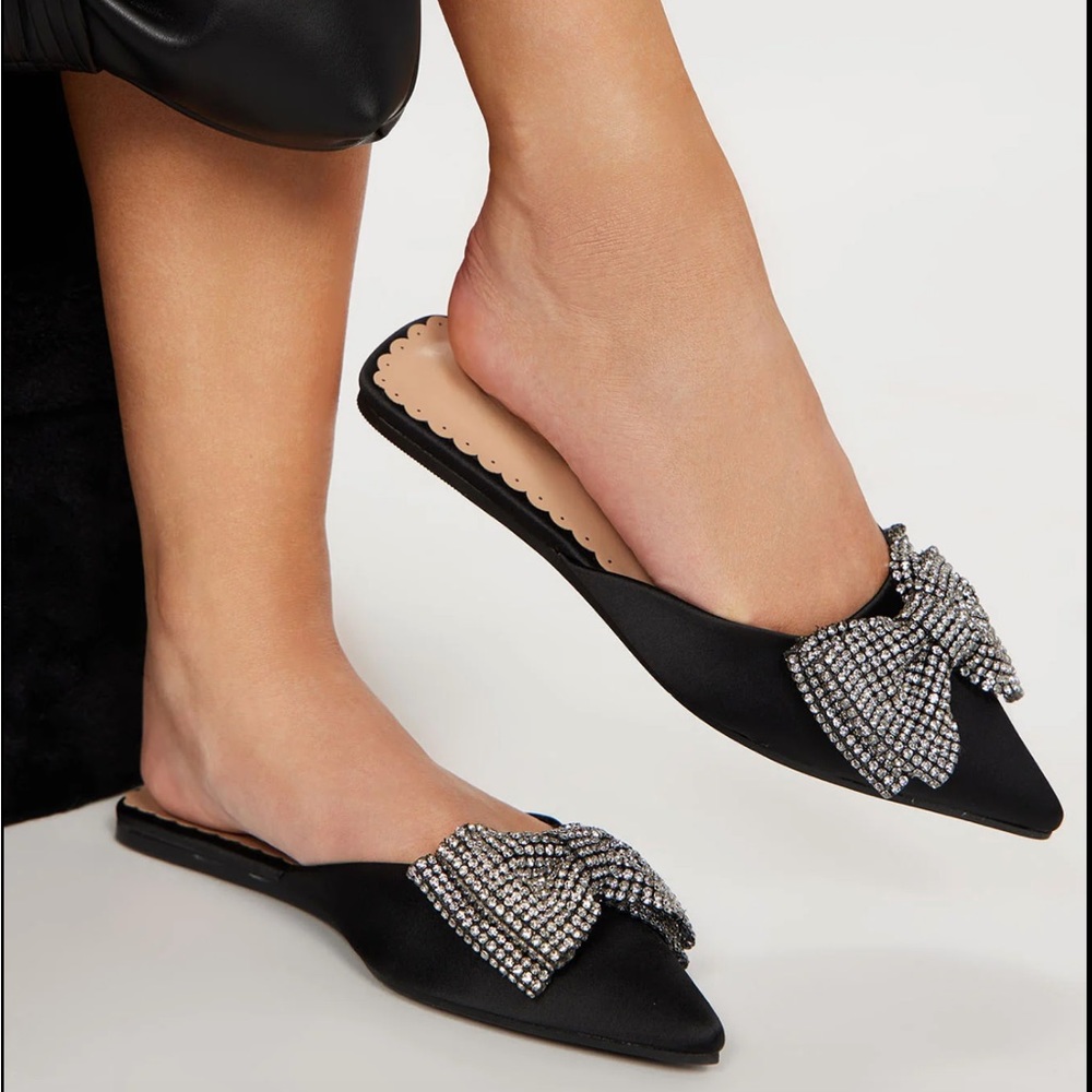 Black Flats With Rhinestone Bow